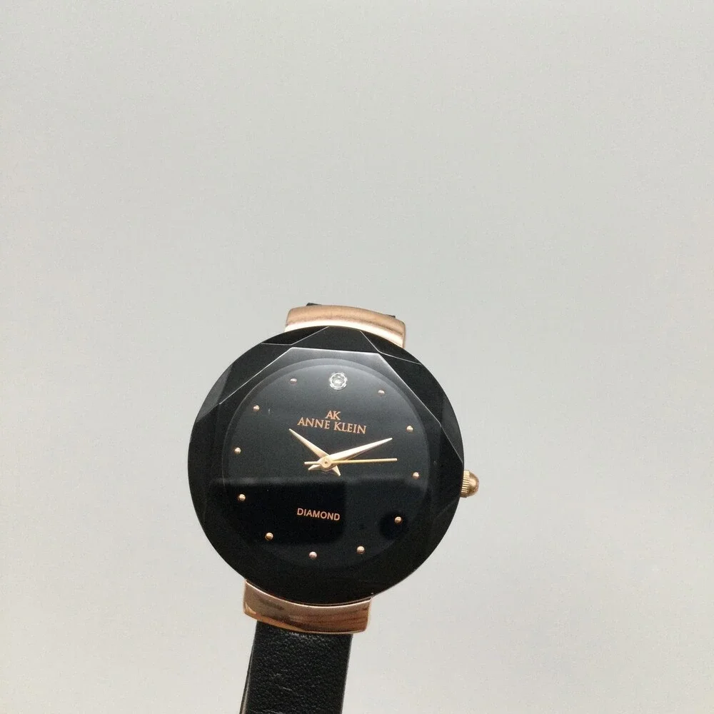 Anne Klein Womens Watch 29mm Black Diamond Dial Black Leather New Battery